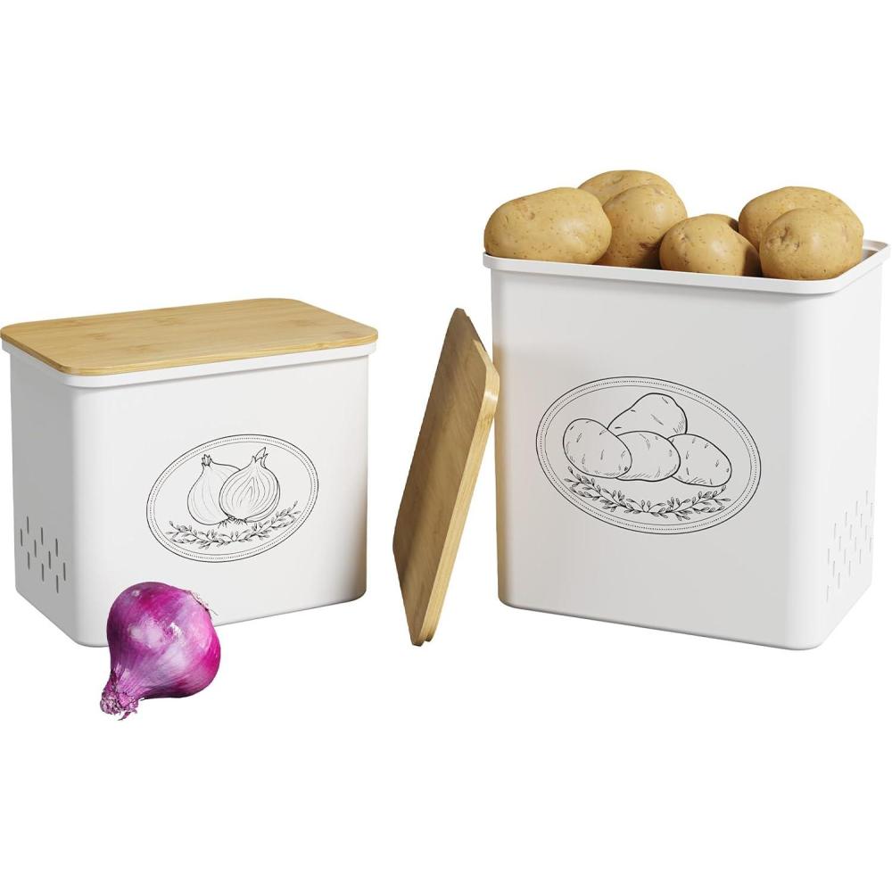 imageLifewit Potato Onion and Garlic Storage Bin Stackable Vegetable Storage Tins with Aerating Holes and Lid Plastic Canister Keeper for Pantry Kitchen Countertop Set of 3 10L WhiteWhite
