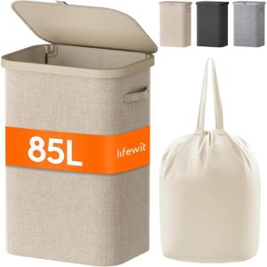 imageLifewit 105L Laundry Basket with Lid Large Laundry Hamper with Plastic Handles and Removable Bag Foldable Tall Dirty Clothes Hampers for Laundry for Laundry Room Bedroom Bathroom Dorm BeigeBeige