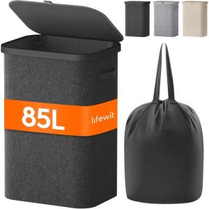 imageLifewit 105L Laundry Basket with Lid Large Laundry Hamper with Plastic Handles and Removable Bag Foldable Tall Dirty Clothes Hampers for Laundry for Laundry Room Bedroom Bathroom Dorm BeigeDark Gray