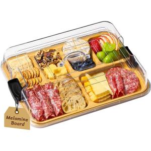 imageLifewit 6 Compartment Melamine Charcuterie Board 11 x 14 Inch Portable Cheese Board with Plastic Lockable Clear Lid Serving Platter with Cover for Snacks Fruit Appetizers6 Compartment