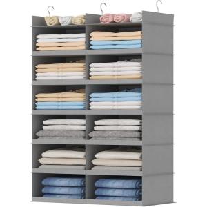 imageLifewit DualRow 6 Tier Shelf Hanging Closet Organizer and Storage Clothes Storage Shelves with 3 Sturdy Hooks for Clothing Organization Foldable Dorm Room Essentials 12 Sections GreyLight Gray