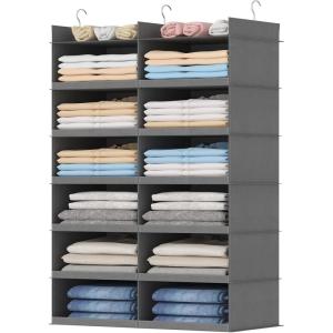 imageLifewit DualRow 6 Tier Shelf Hanging Closet Organizer and Storage Clothes Storage Shelves with 3 Sturdy Hooks for Clothing Organization Foldable Dorm Room Essentials 12 Sections GreyGrey