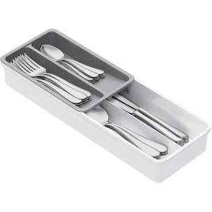 imageLifewit Compact Silverware Organizer for Kitchen Drawer Narrow Flatware Tray Holder Plastic Cutlery Spoons Forks and Knives Storage WhiteampampGray 1 PackGrayWhite