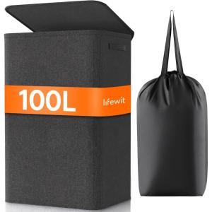 imageLifewit 100L Laundry Hamper with Lid Large Laundry Basket with Lid Handles and 2 Removable Bags Tall Foldable Dirty Clothes Hamper for Laundry Room Bathroom Dorm Bedroom Dark GrayDark Gray