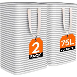 imageLifewit 75L x 2 Pack Collapsible Laundry Hamper LargeTall Foldable Dirty Clothes Baskets Waterproof Freestanding Double Bags with Easy Carry Handles in Dorm Bedroom Bathroom College Grey