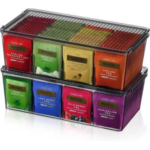 imageLifewit 2 Pack Plastic Stackable Tea Bag Organizer Divided Storage Bin Box for Kitchen Cabinets Countertops Pantry Hold Coffee Pods Sugar Packets Condiments 8 SectionsBlack