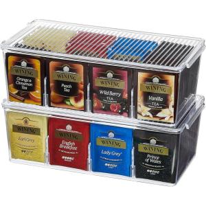 imageLifewit 2 Pack Plastic Stackable Tea Bag Organizer Divided Storage Bin Box for Kitchen Cabinets Countertops Pantry Hold Coffee Pods Sugar Packets Condiments 8 SectionsClear