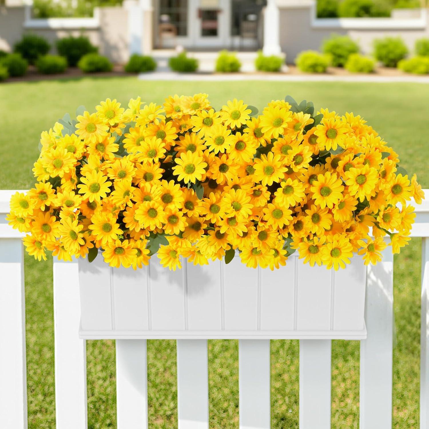 imageLifewit Artificial Flowers Daisy for Outdoor Indoor 6 Bundles Plastic Fake Flowers Mums for Home Garden Decor Porch Window Box Faux Realistic Plants with UV ResistantYellowYellow