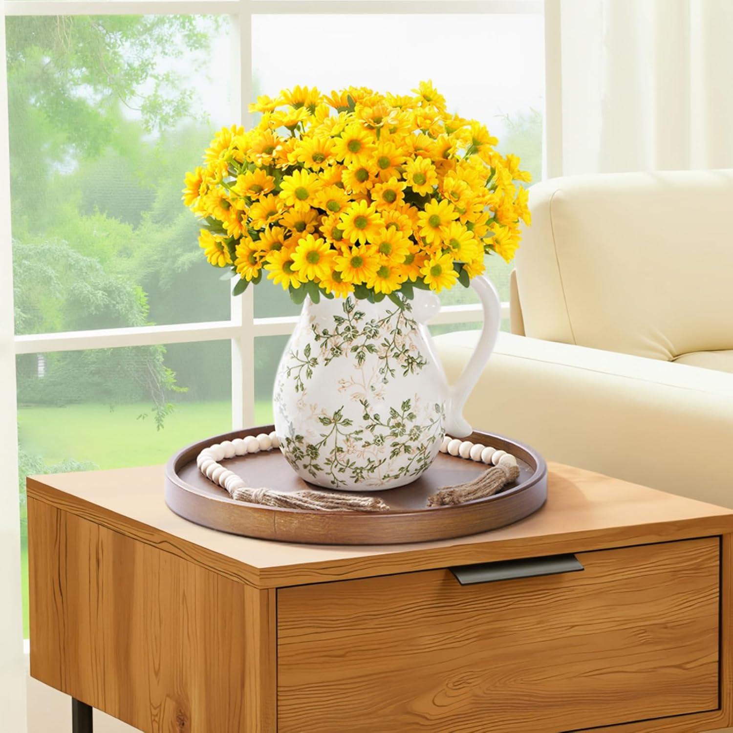imageLifewit Artificial Flowers Daisy for Outdoor Indoor 6 Bundles Plastic Fake Flowers Mums for Home Garden Decor Porch Window Box Faux Realistic Plants with UV ResistantYellowYellow