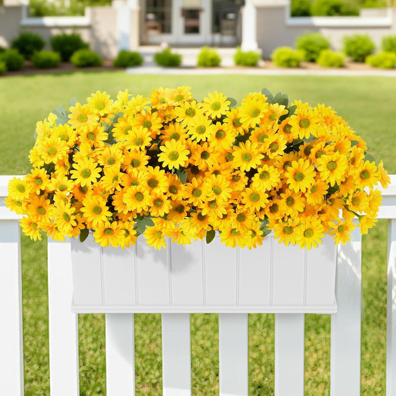 imageLifewit Artificial Flowers Daisy for Outdoor Indoor 6 Bundles Plastic Fake Flowers Mums for Home Garden Decor Porch Window Box Faux Realistic Plants with UV ResistantYellowYellow