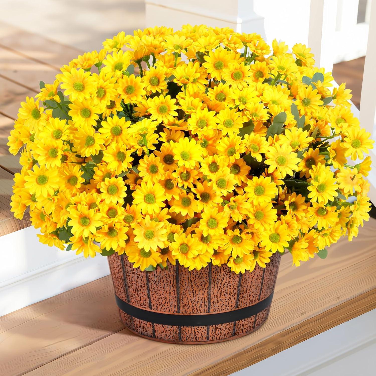 imageLifewit Artificial Flowers Daisy for Outdoor Indoor 6 Bundles Plastic Fake Flowers Mums for Home Garden Decor Porch Window Box Faux Realistic Plants with UV ResistantYellowYellow