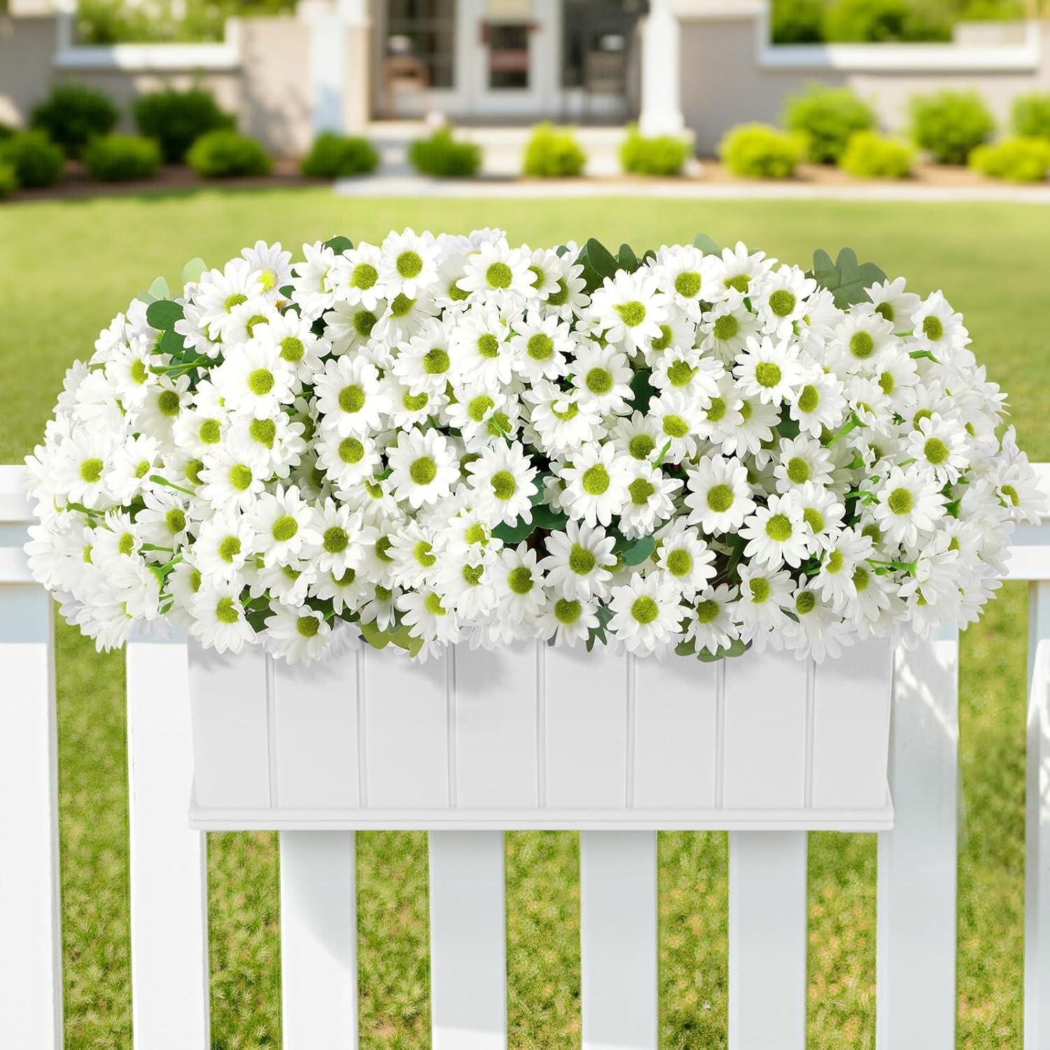 imageLifewit Artificial Flowers Daisy for Outdoor Indoor 6 Bundles Plastic Fake Flowers Mums for Home Garden Decor Porch Window Box Faux Realistic Plants with UV ResistantYellowWhite
