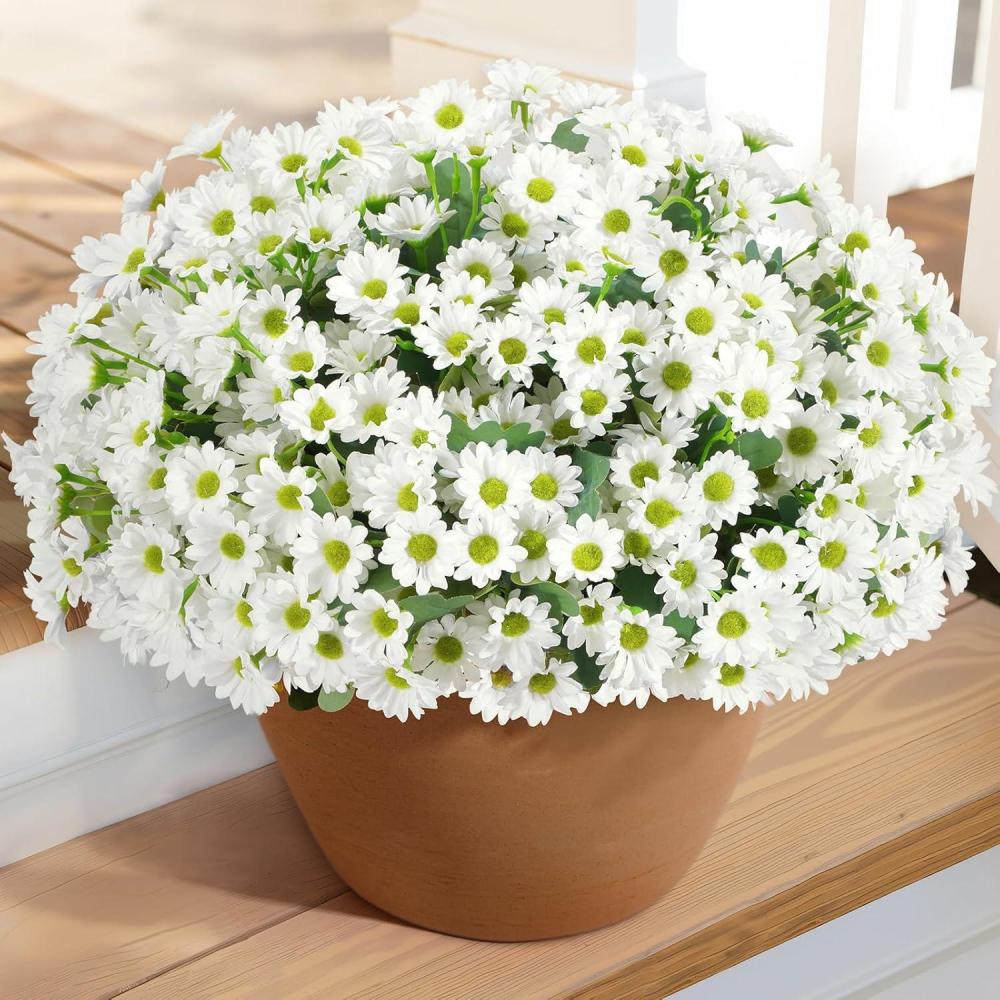 imageLifewit Artificial Flowers Daisy for Outdoor Indoor 6 Bundles Plastic Fake Flowers Mums for Home Garden Decor Porch Window Box Faux Realistic Plants with UV ResistantYellowWhite