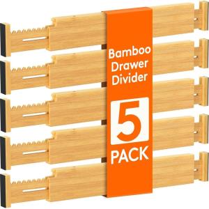imageLifewit 236 High 5 Pack Bamboo Drawer Dividers 14222 Expandable Kitchen Drawer Dividers Adjustable Drawer Dividers for Clothes Drawer Separators for Dresser Kitchen Bedroom Bathroom