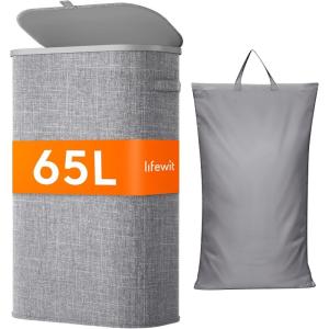 imageLifewit 65L Slim Laundry Basket with Lid Narrow Large Laundry Hamper with Plastic Handles and Removable Bag Tall Foldable Dirty Clothes Hampers for Laundry Room Bedroom Bathroom Dorm PinkGray