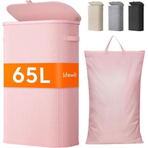 imageLifewit 65L Slim Laundry Basket with Lid Narrow Large Laundry Hamper with Plastic Handles and Removable Bag Tall Foldable Dirty Clothes Hampers for Laundry Room Bedroom Bathroom Dorm PinkPink