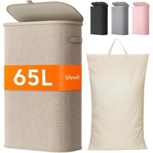 imageLifewit 65L Slim Laundry Basket with Lid Narrow Large Laundry Hamper with Plastic Handles and Removable Bag Tall Foldable Dirty Clothes Hampers for Laundry Room Bedroom Bathroom Dorm PinkBeige