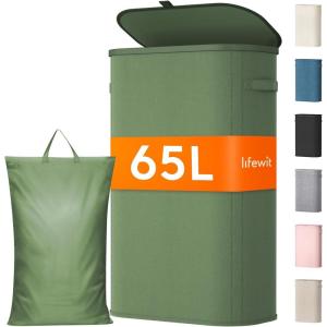 imageLifewit 65L Slim Laundry Basket with Lid Narrow Large Laundry Hamper with Plastic Handles and Removable Bag Tall Foldable Dirty Clothes Hampers for Laundry Room Bedroom Bathroom Dorm PinkGreen