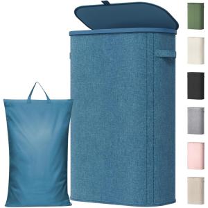 imageLifewit 65L Slim Laundry Basket with Lid Narrow Large Laundry Hamper with Plastic Handles and Removable Bag Tall Foldable Dirty Clothes Hampers for Laundry Room Bedroom Bathroom Dorm PinkDark Blue