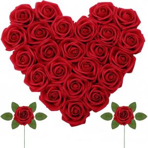 imageLifewit Artificial Flowers 50 Pcs Dark Red Foam Real Looking Roses with Stems Fake Roses for DIY Wedding Bouquets Centerpieces Arrangements Valentine DecorationsDark Red