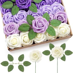 imageLifewit Artificial Flowers 50 Pcs Dark Red Foam Real Looking Roses with Stems Fake Roses for DIY Wedding Bouquets Centerpieces Arrangements Valentine DecorationsIvory  Purple Mix