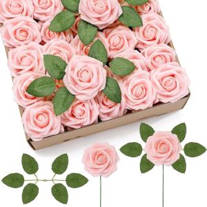 imageLifewit Artificial Flowers 50 Pcs Dark Red Foam Real Looking Roses with Stems Fake Roses for DIY Wedding Bouquets Centerpieces Arrangements Valentine DecorationsBlush