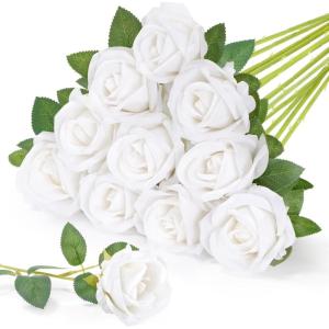 imageLifewit Classic Red Artificial Roses Flowers Faux Long Stem Silk Roses Bulky for DIY Wedding Bouquets Decoration Centerpieces Arrangements Velentine12 PcsWhite