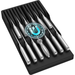 imageLifewit Magnetic Drawer Knife Organizers Insert Kitchen Plastic In Drawer Knife Block Slots Steak Chefs Knives Holder Storage Sets for 12 Knives and 1 Sharpening Steel Large BlackBlack