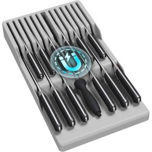 imageLifewit Magnetic Drawer Knife Organizers Insert Kitchen Plastic In Drawer Knife Block Slots Steak Chefs Knives Holder Storage Sets for 12 Knives and 1 Sharpening Steel Large BlackGray