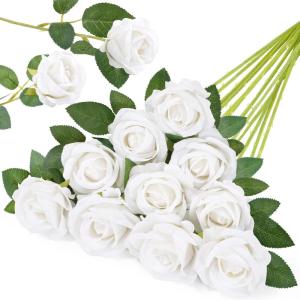 imageLifewit 12 Pcs White Artificial Roses Flowers in Bulk Fake Long Stem Silk Roses for DIY Wedding Bouquets Centerpieces Arrangements Valentine DecorationsWhite