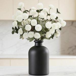 imageLifewit Beige Artificial Flower for Vase 10 Pcs Faux Silk Mums Ball with Long Stems and 2 Pcs Eucalyptus Stems for Home Decor Fake Small Kiku for Floral Arrangement Pom Pom for CenterpiecesWhite