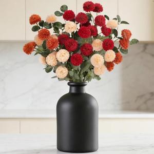 imageLifewit Beige Artificial Flower for Vase 10 Pcs Faux Silk Mums Ball with Long Stems and 2 Pcs Eucalyptus Stems for Home Decor Fake Small Kiku for Floral Arrangement Pom Pom for CenterpiecesMix Orange