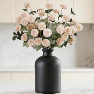 imageLifewit Beige Artificial Flower for Vase 10 Pcs Faux Silk Mums Ball with Long Stems and 2 Pcs Eucalyptus Stems for Home Decor Fake Small Kiku for Floral Arrangement Pom Pom for CenterpiecesBeige