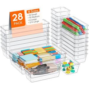 imageLifewit Drawer Organizer 28PCS 4 Sizes Clear Plastic Desk Drawer Dividers Storage Separation Bins for Make Up Kitchen Utensils Vanity Accessories in OfficeBathroomBedroom Organization28
