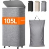 image:imageLifewit 85L Plastic Laundry Basket with Lid Large Clothes Hamper with Wheels and Removable Bag Tall Collapsible Rolling Storage Bin for Dorm Bedroom Bathroom BeigeLight Gray