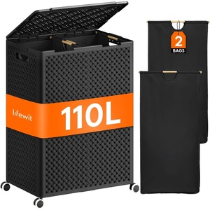 image:imageLifewit 110L Plastic Double Laundry Basket with Lid Collapsible 2 Section Clothes Hamper with Wheels and Removable Bags Large Rolling 2 Compartment Bin for Laundry Room Bedroom Bathroom Black