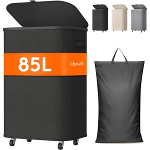 image:imageLifewit 85L Plastic Laundry Basket with Lid Large Clothes Hamper with Wheels and Removable Bag Tall Collapsible Rolling Storage Bin for Dorm Bedroom Bathroom BeigeBlack